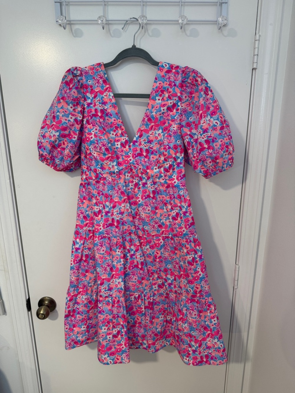 Lilly Pulitzer Pink Blue Floral Puff-Sleeve V-Neck Dress